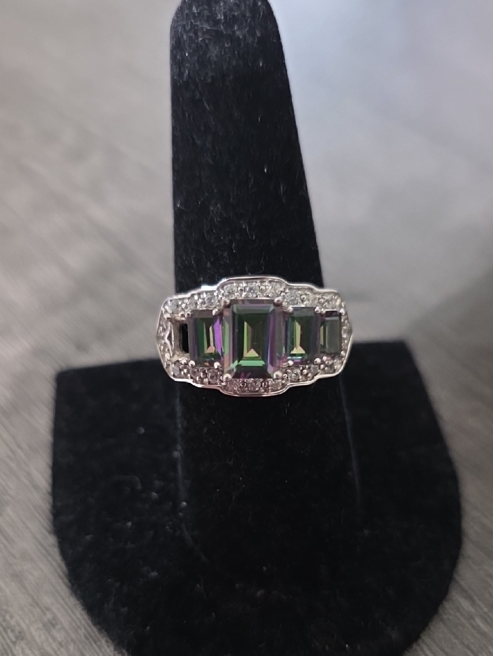 S925 Silver Ring with Green Mystic Topaz and Simulated Diamond Accents
